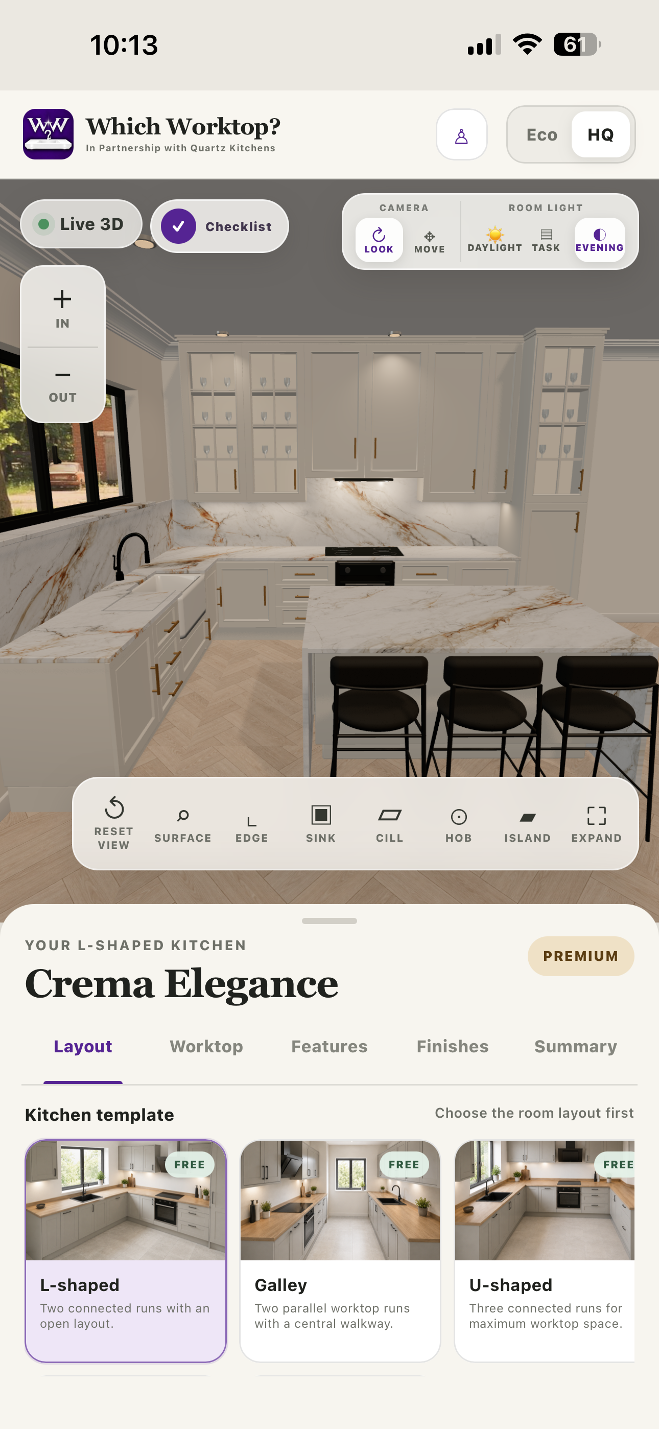 Which Worktop? iPhone app showing Crema Elegance in a cream 3D kitchen, with worktop controls and kitchen templates